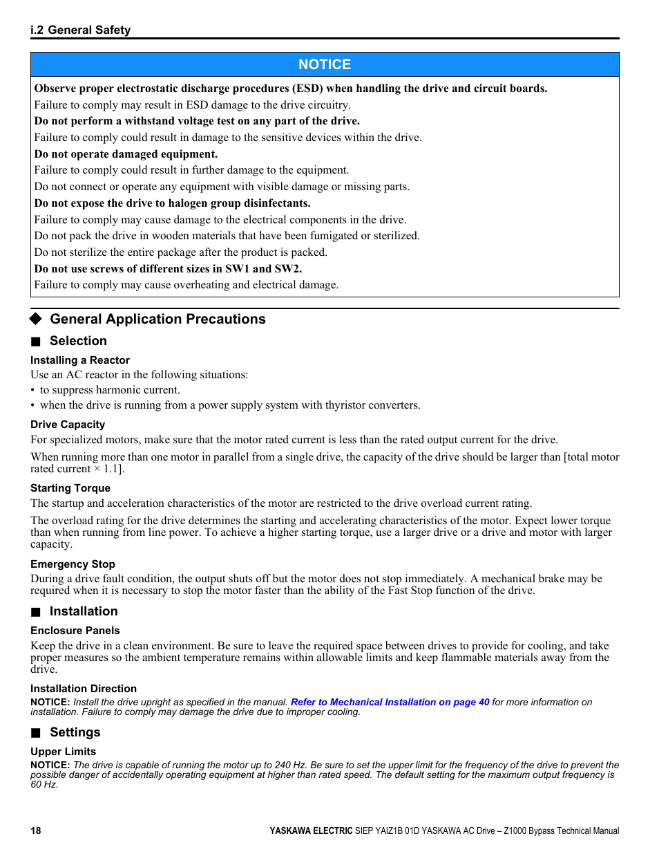 General application precautions | Yaskawa AC Drive Z1000 Bypass Technical Manual User Manual | Page 18 / 462