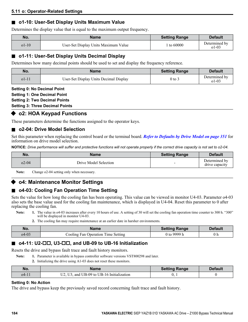 O2: hoa keypad functions, O4: maintenance monitor settings | Yaskawa AC Drive Z1000 Bypass Technical Manual User Manual | Page 184 / 462