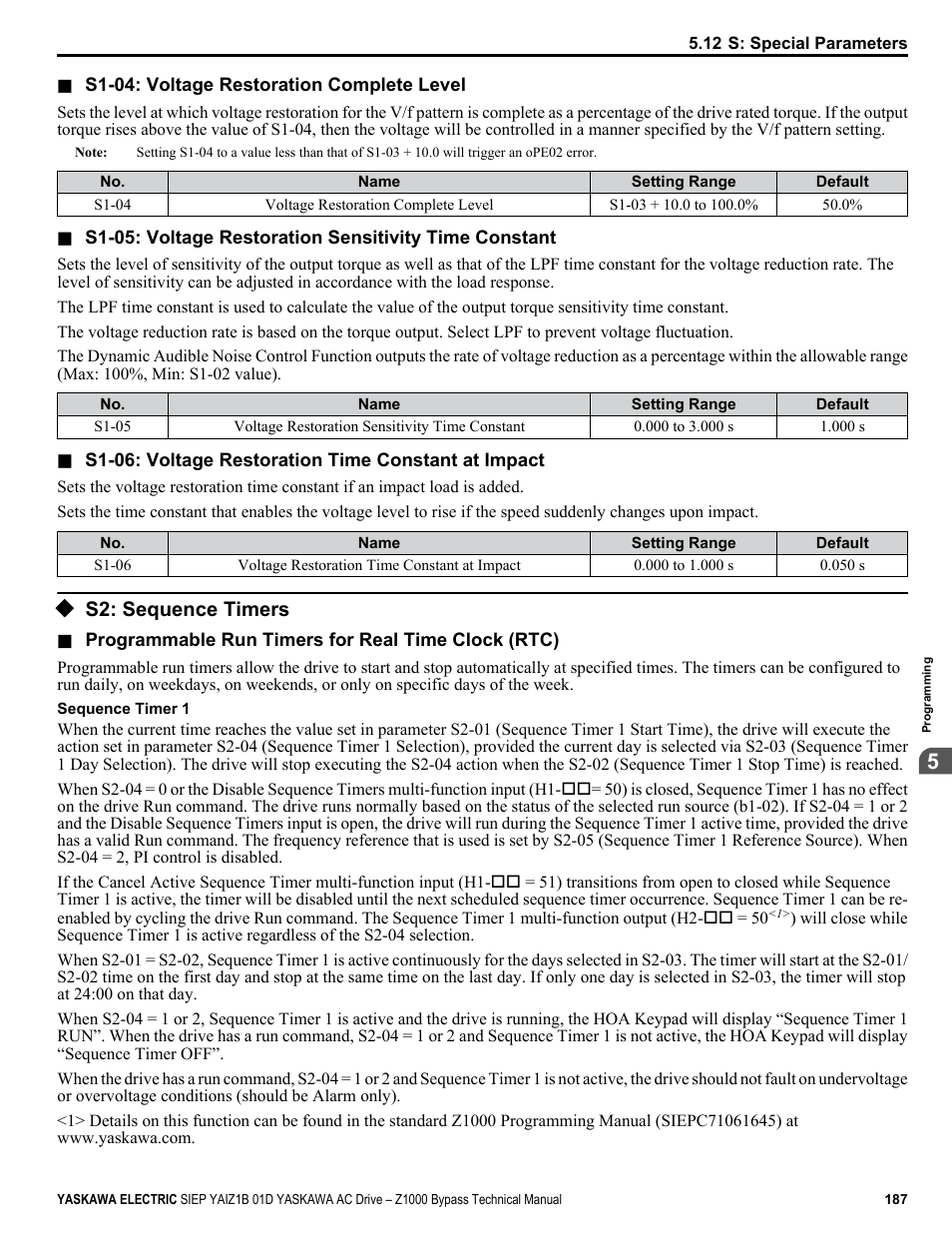 S2: sequence timers | Yaskawa AC Drive Z1000 Bypass Technical Manual User Manual | Page 187 / 462