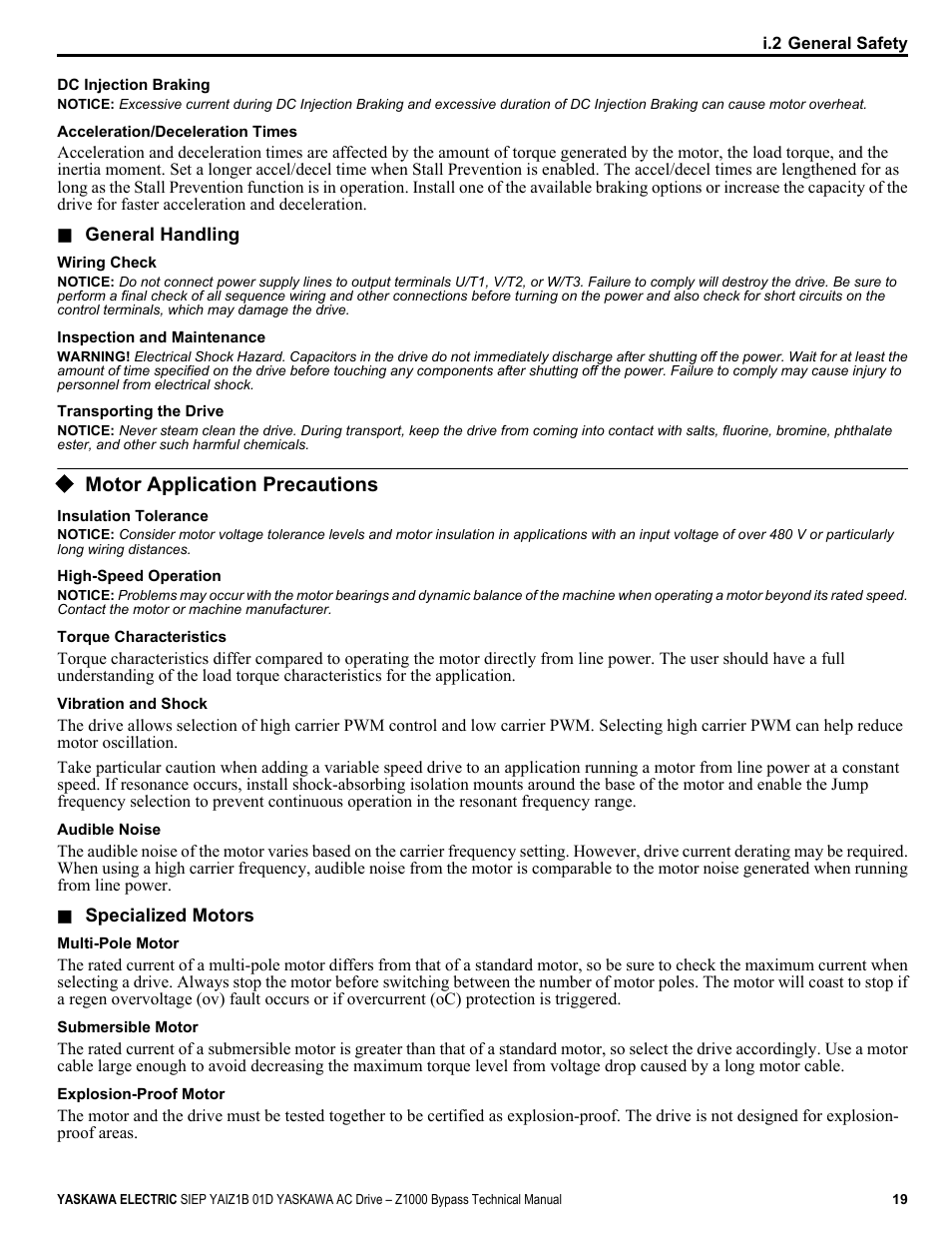 Motor application precautions | Yaskawa AC Drive Z1000 Bypass Technical Manual User Manual | Page 19 / 462