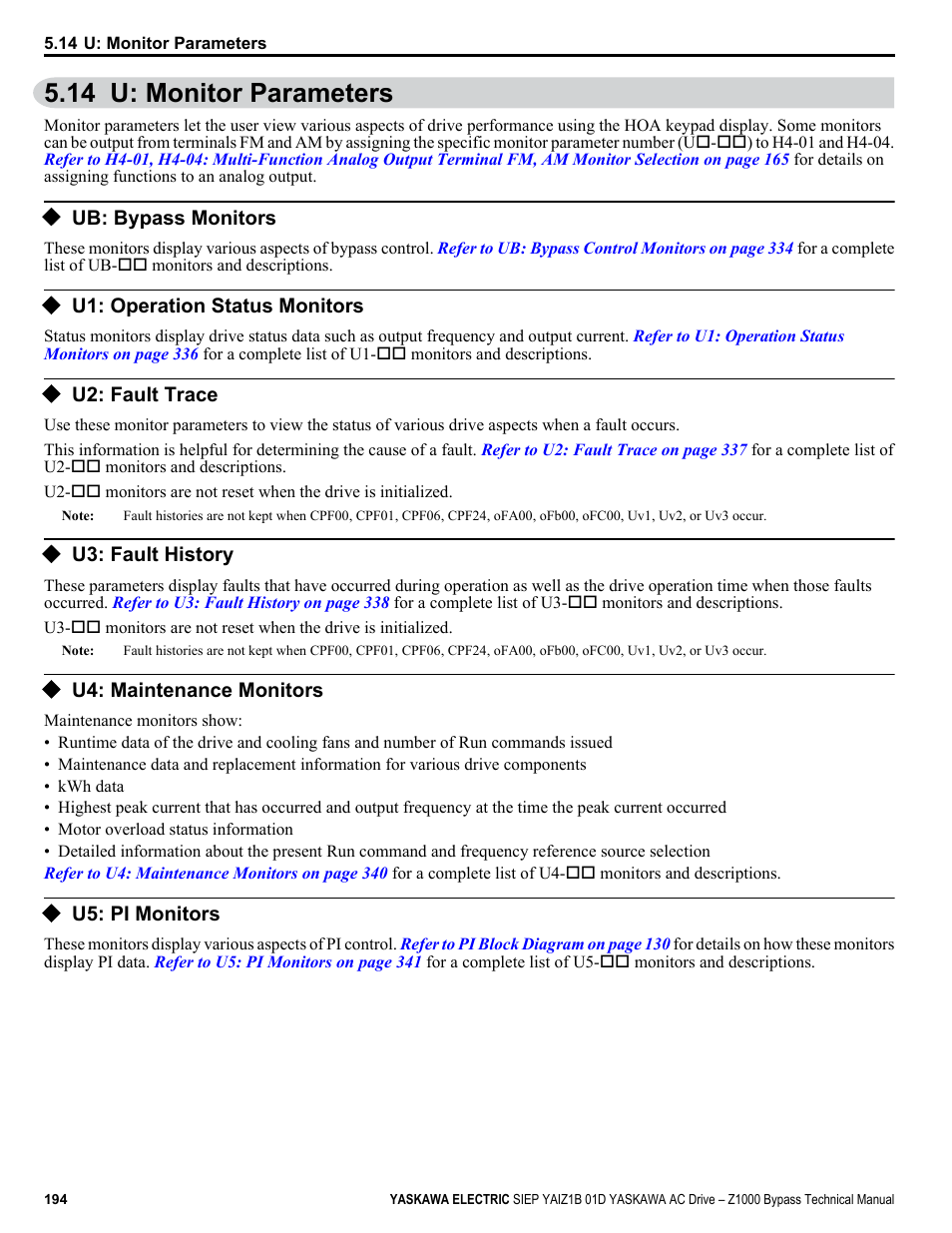 U: monitor parameters, Ub: bypass monitors, U1: operation status monitors | U2: fault trace, U3: fault history, U4: maintenance monitors, U5: pi monitors, 14 u: monitor parameters, Refer to u: monitor | Yaskawa AC Drive Z1000 Bypass Technical Manual User Manual | Page 194 / 462