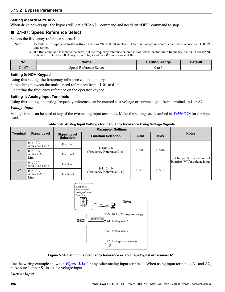Z1-07: speed reference select | Yaskawa AC Drive Z1000 Bypass Technical Manual User Manual | Page 196 / 462