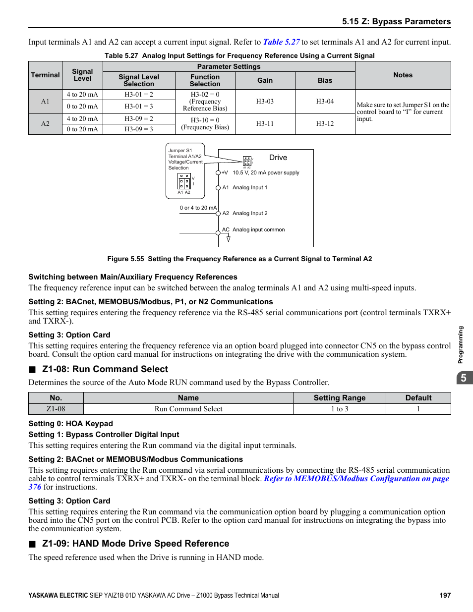Z1-08: run command select, Z1-09: hand mode drive speed reference | Yaskawa AC Drive Z1000 Bypass Technical Manual User Manual | Page 197 / 462