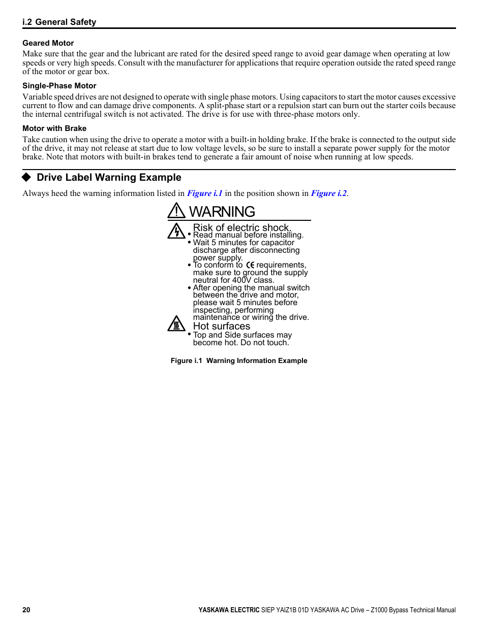 Drive label warning example, Warning, Risk of electric shock. hot surfaces | Yaskawa AC Drive Z1000 Bypass Technical Manual User Manual | Page 20 / 462