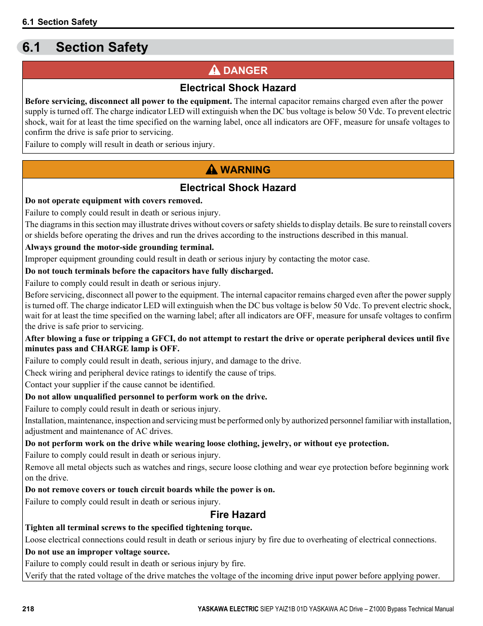 Section safety, 1 section safety | Yaskawa AC Drive Z1000 Bypass Technical Manual User Manual | Page 218 / 462