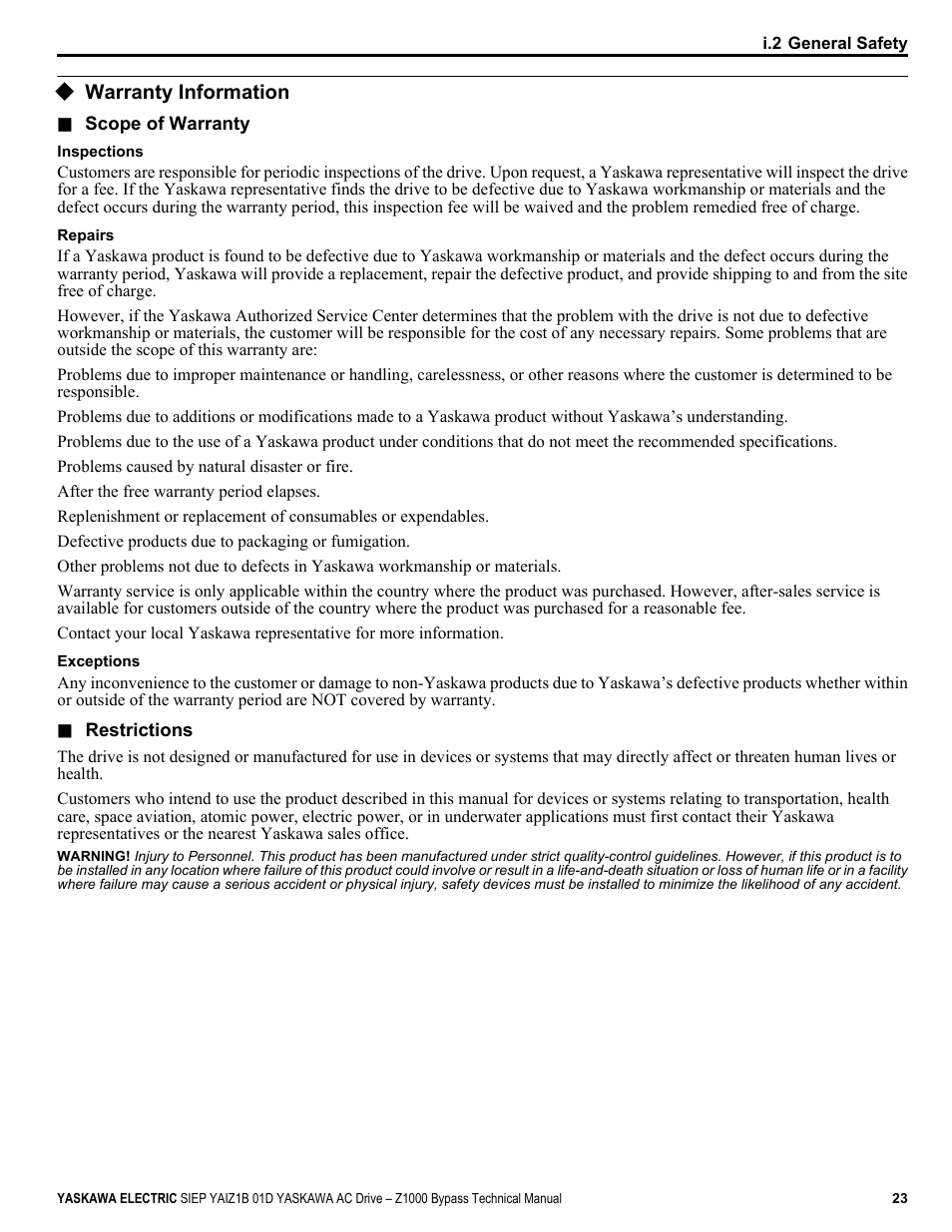 Warranty, Warranty information | Yaskawa AC Drive Z1000 Bypass Technical Manual User Manual | Page 23 / 462