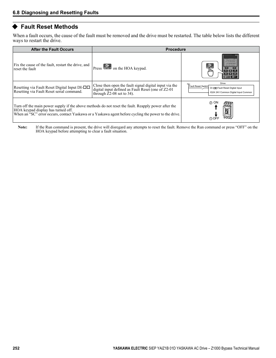 Fault reset methods, 8 diagnosing and resetting faults, Digital operator jvop-183 | Yaskawa AC Drive Z1000 Bypass Technical Manual User Manual | Page 252 / 462