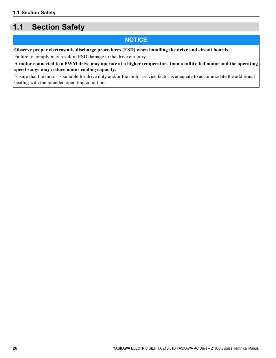 Section safety, 1 section safety | Yaskawa AC Drive Z1000 Bypass Technical Manual User Manual | Page 26 / 462
