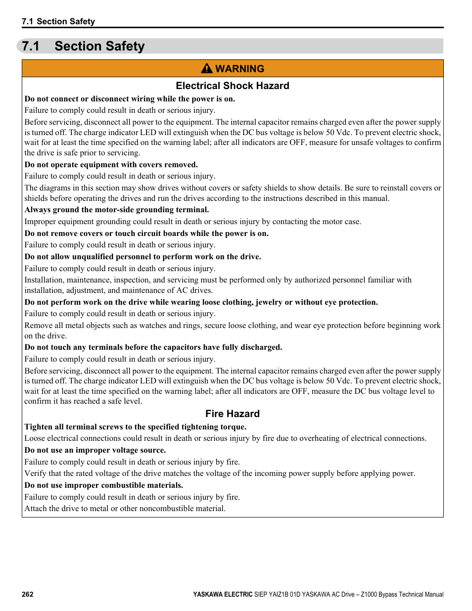 Section safety, 1 section safety | Yaskawa AC Drive Z1000 Bypass Technical Manual User Manual | Page 262 / 462