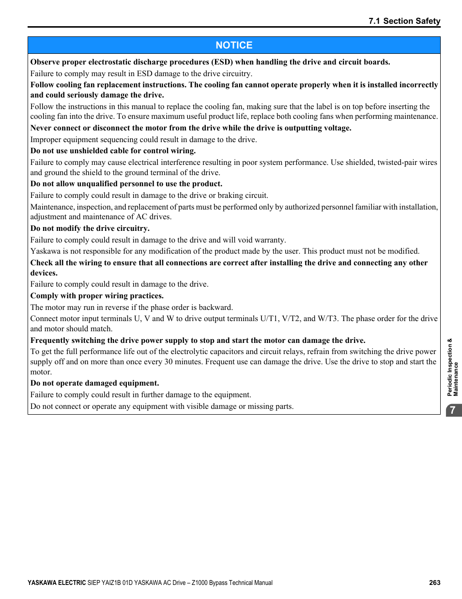 Notice | Yaskawa AC Drive Z1000 Bypass Technical Manual User Manual | Page 263 / 462