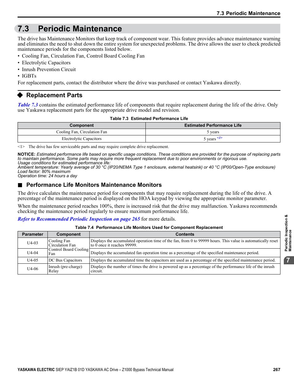 Periodic maintenance, Replacement parts, 3 periodic maintenance | Yaskawa AC Drive Z1000 Bypass Technical Manual User Manual | Page 267 / 462