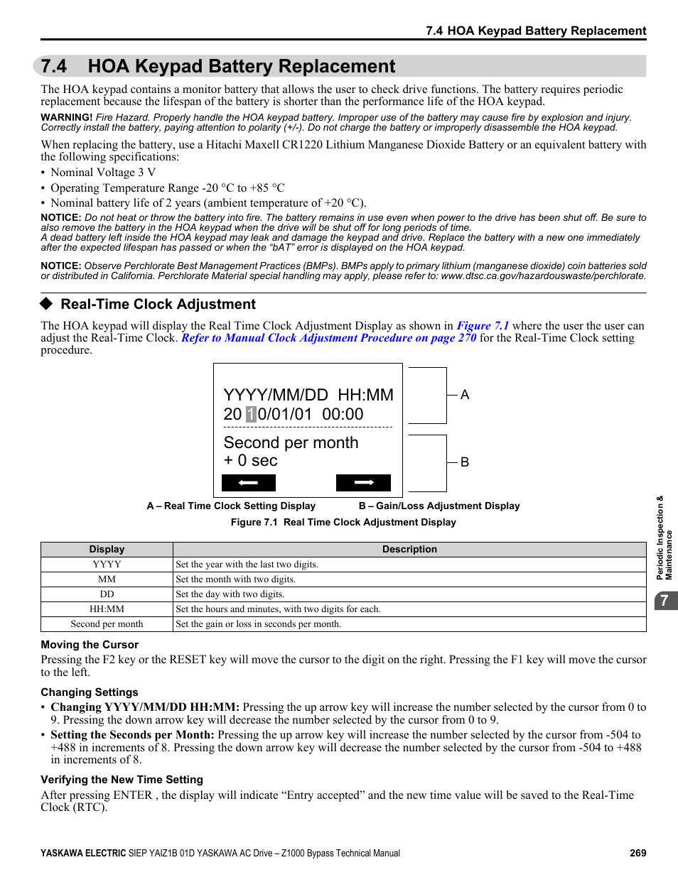 Hoa keypad battery replacement, Real-time clock adjustment, 4 hoa keypad battery replacement | Yaskawa AC Drive Z1000 Bypass Technical Manual User Manual | Page 269 / 462