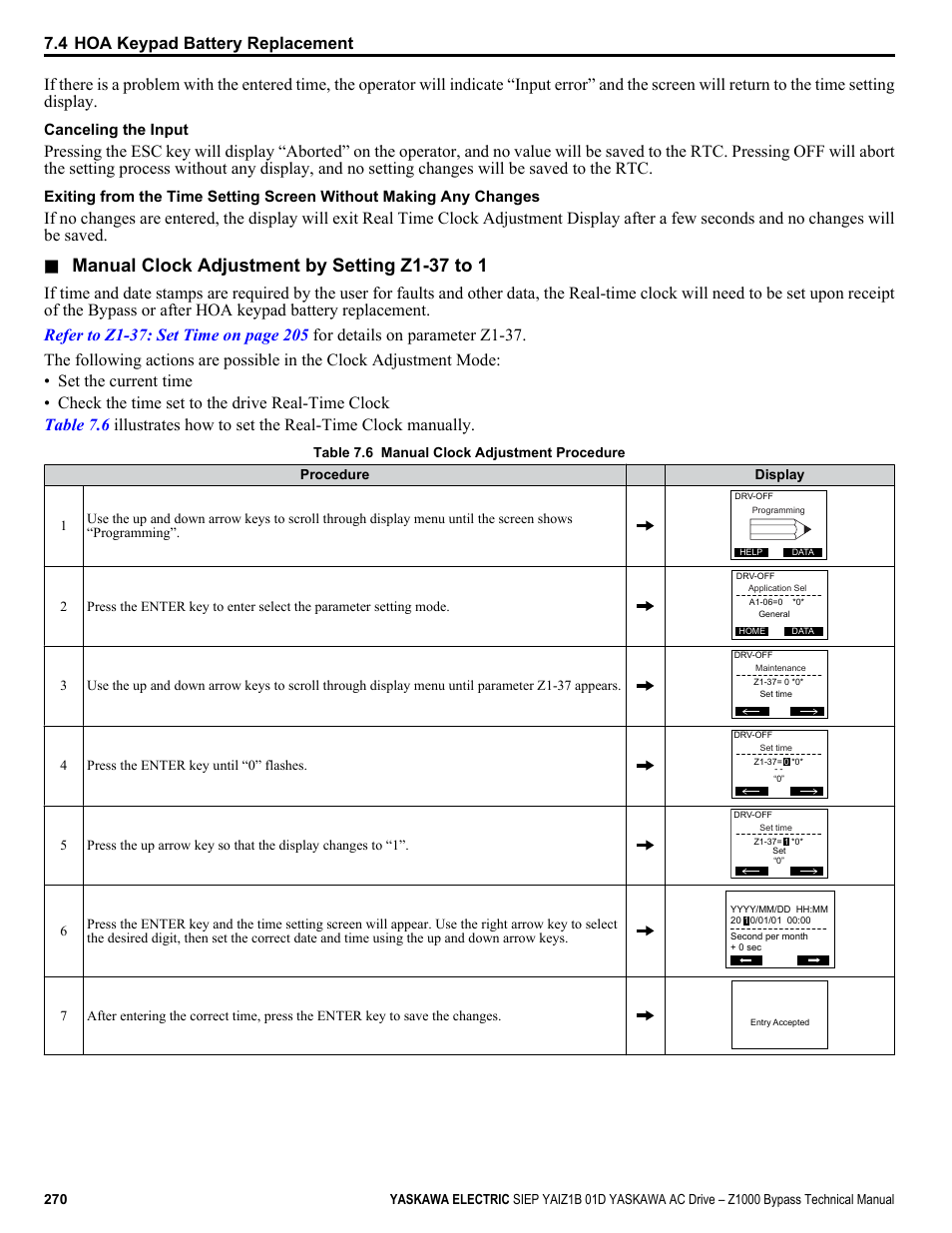 Adjust the real-time clock, Manual clock adjustment by setting z1-37 to 1, 4 hoa keypad battery replacement | Yaskawa AC Drive Z1000 Bypass Technical Manual User Manual | Page 270 / 462