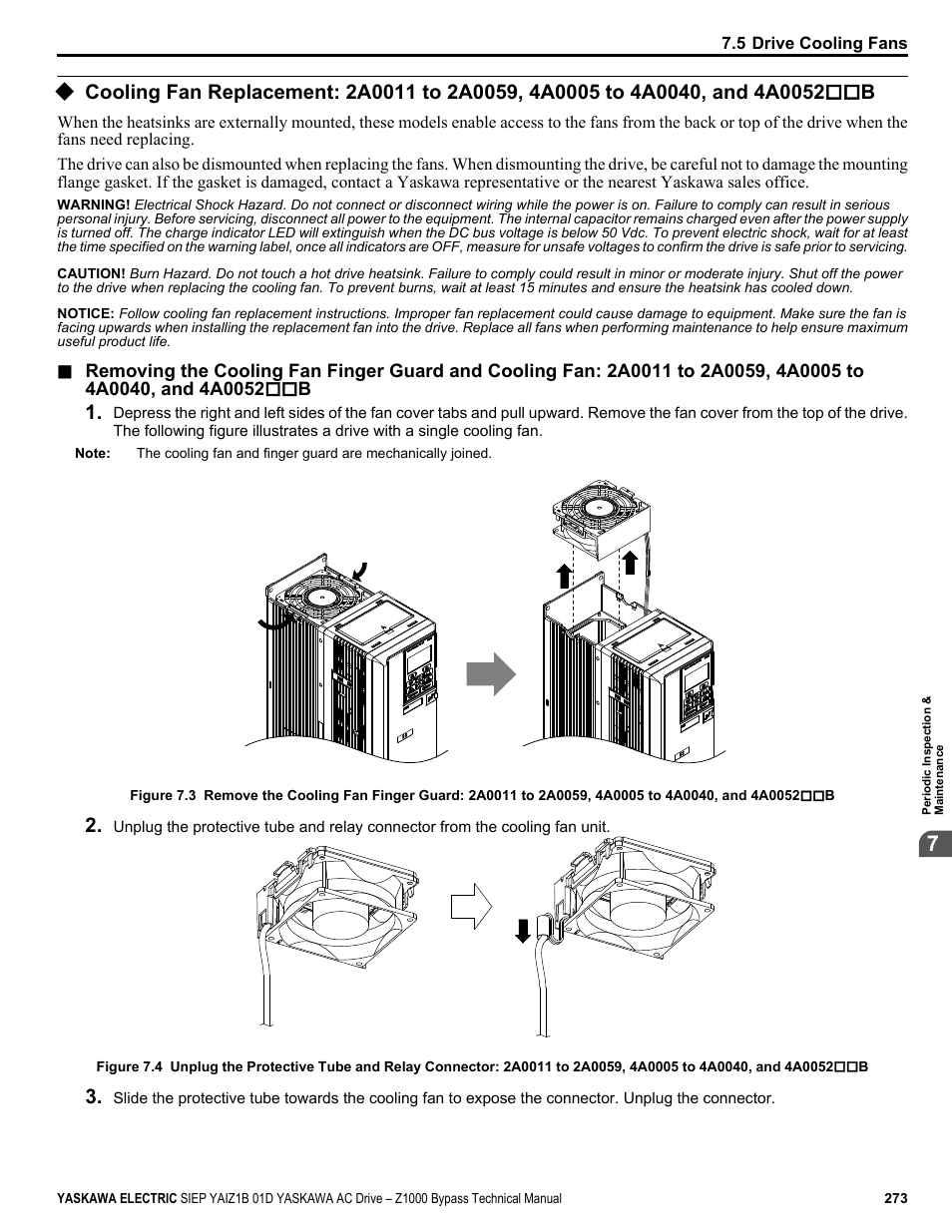 Replace the cooling fan, 4a0040, and 4a0052 | Yaskawa AC Drive Z1000 Bypass Technical Manual User Manual | Page 273 / 462