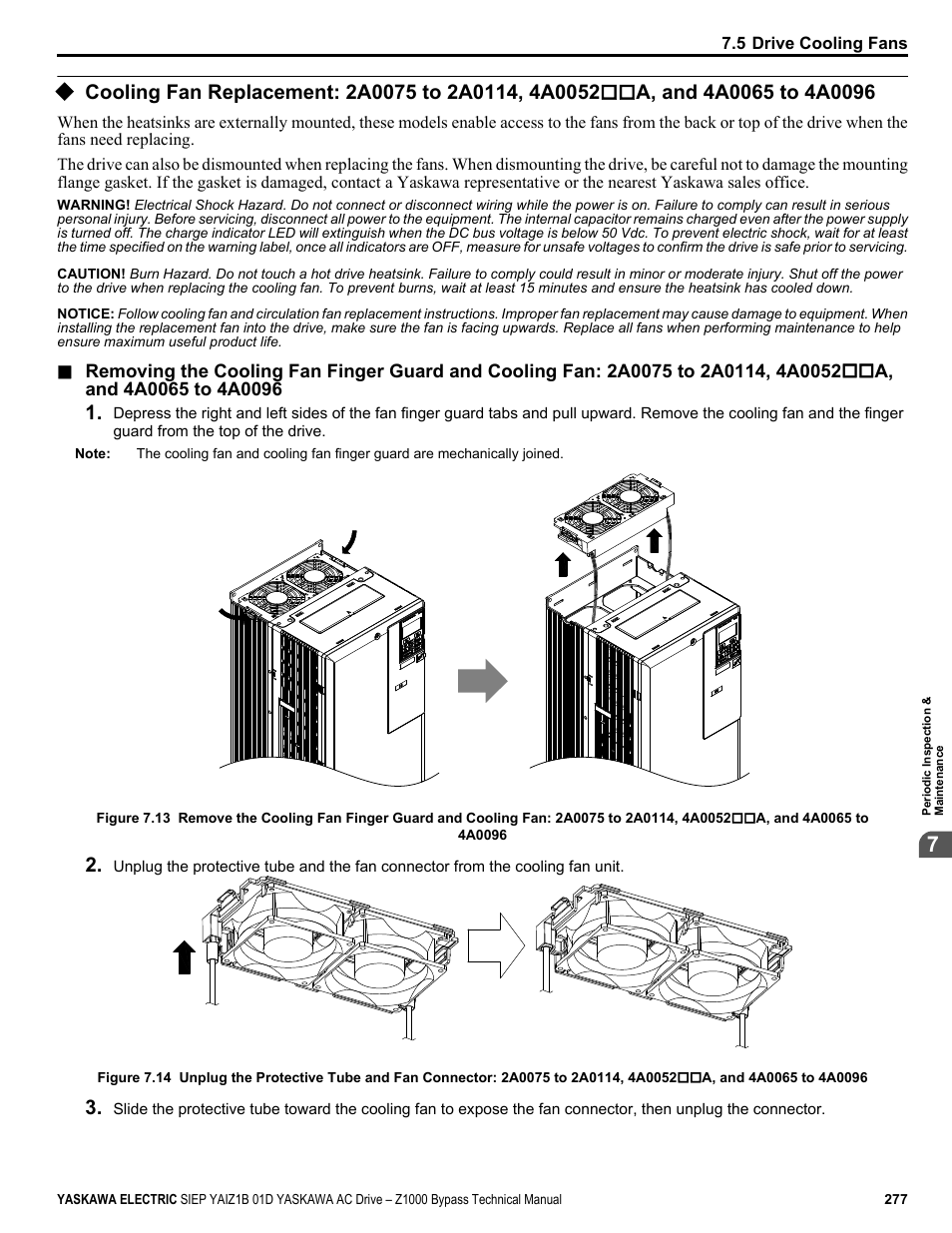 Cooling fan replacement: 2a0075 to 2a0114, 4a0052 | Yaskawa AC Drive Z1000 Bypass Technical Manual User Manual | Page 277 / 462