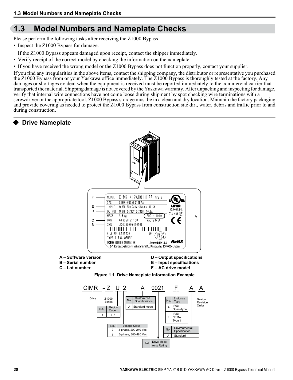 Model numbers and nameplate checks, Drive nameplate, 3 model numbers and nameplate checks | Yaskawa AC Drive Z1000 Bypass Technical Manual User Manual | Page 28 / 462