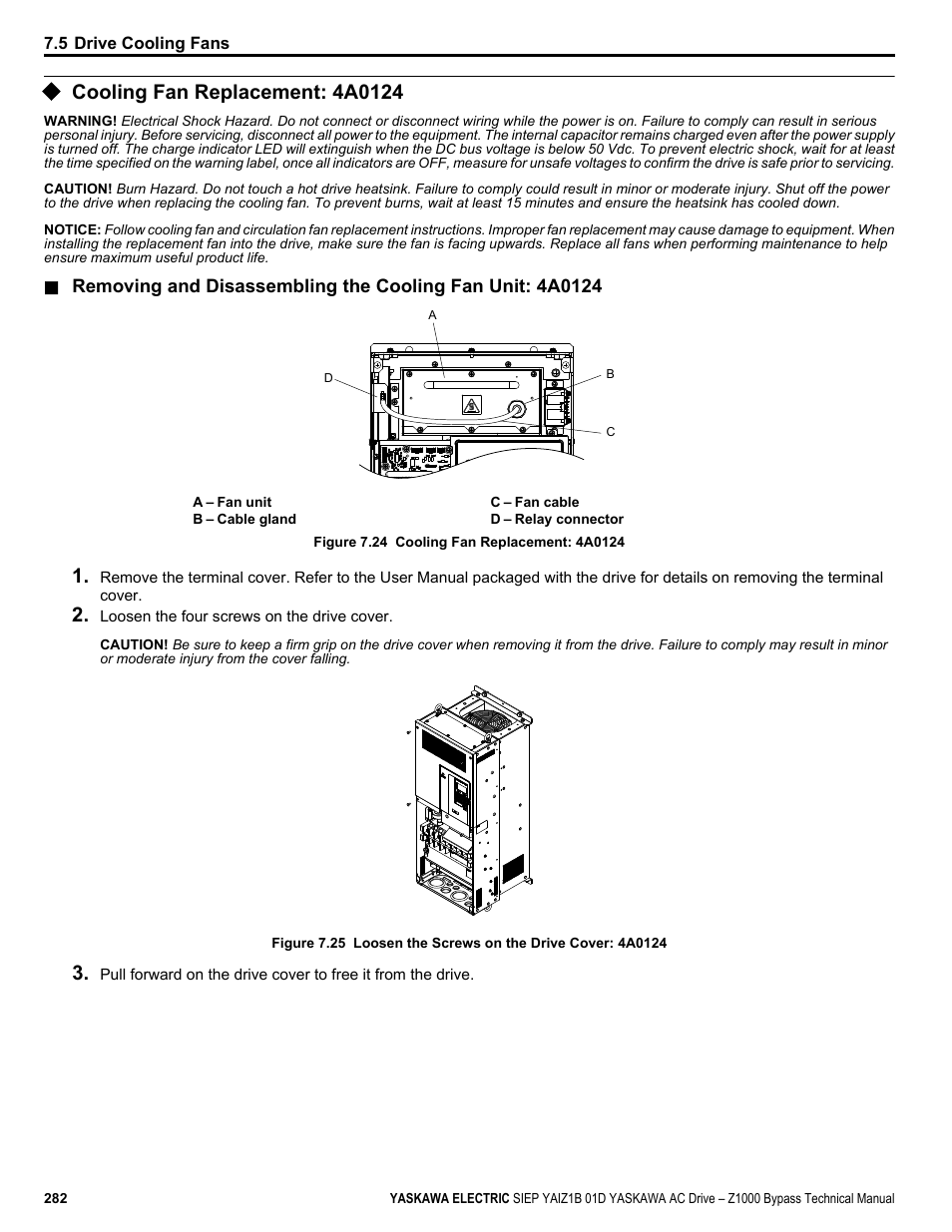 Cooling fan replacement: 4a0124 | Yaskawa AC Drive Z1000 Bypass Technical Manual User Manual | Page 282 / 462