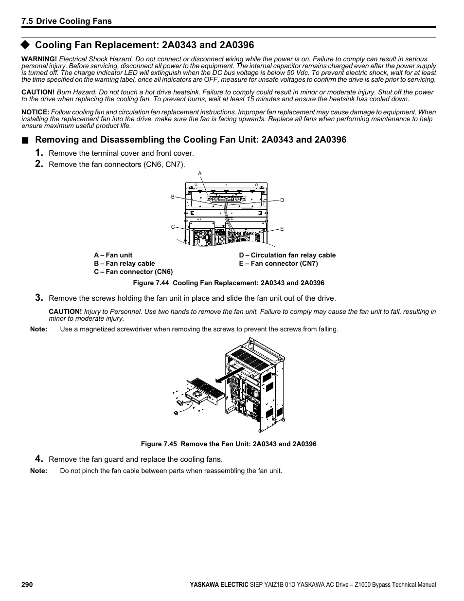 Cooling fan replacement: 2a0343 and 2a0396 | Yaskawa AC Drive Z1000 Bypass Technical Manual User Manual | Page 290 / 462