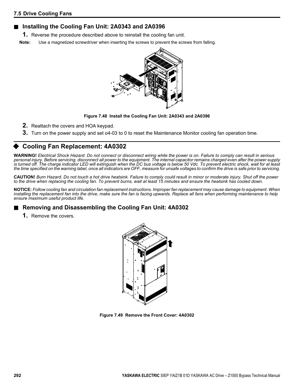 Cooling fan replacement: 4a0302 | Yaskawa AC Drive Z1000 Bypass Technical Manual User Manual | Page 292 / 462