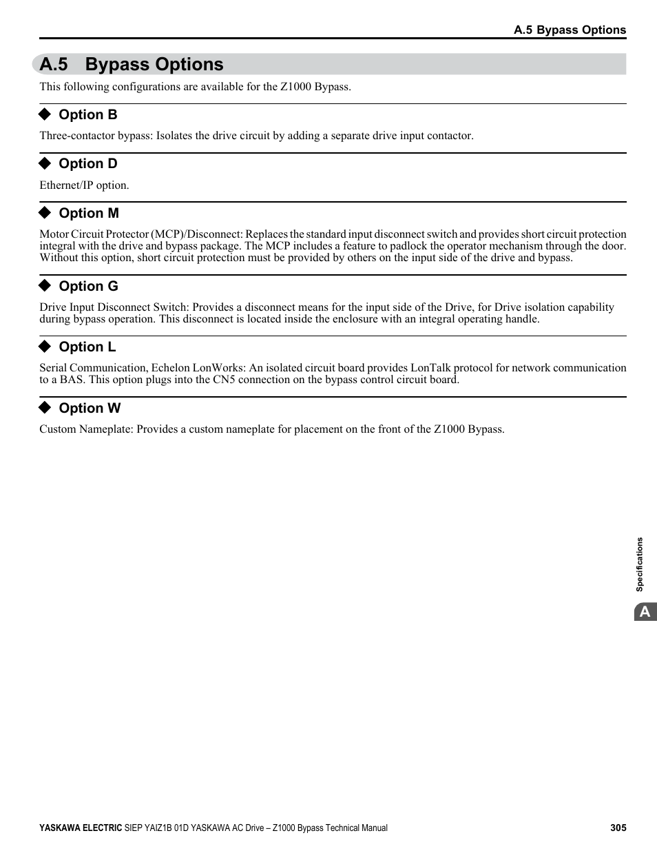 Bypass options, Option b, Option d | Option m, Option g, Option l, Option w, A.5 bypass options | Yaskawa AC Drive Z1000 Bypass Technical Manual User Manual | Page 305 / 462