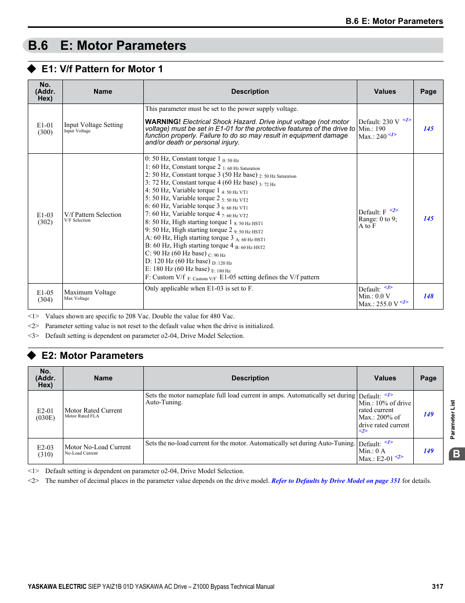 E: motor parameters, E1: v/f pattern for motor 1, E2: motor parameters | B.6 e: motor parameters | Yaskawa AC Drive Z1000 Bypass Technical Manual User Manual | Page 317 / 462