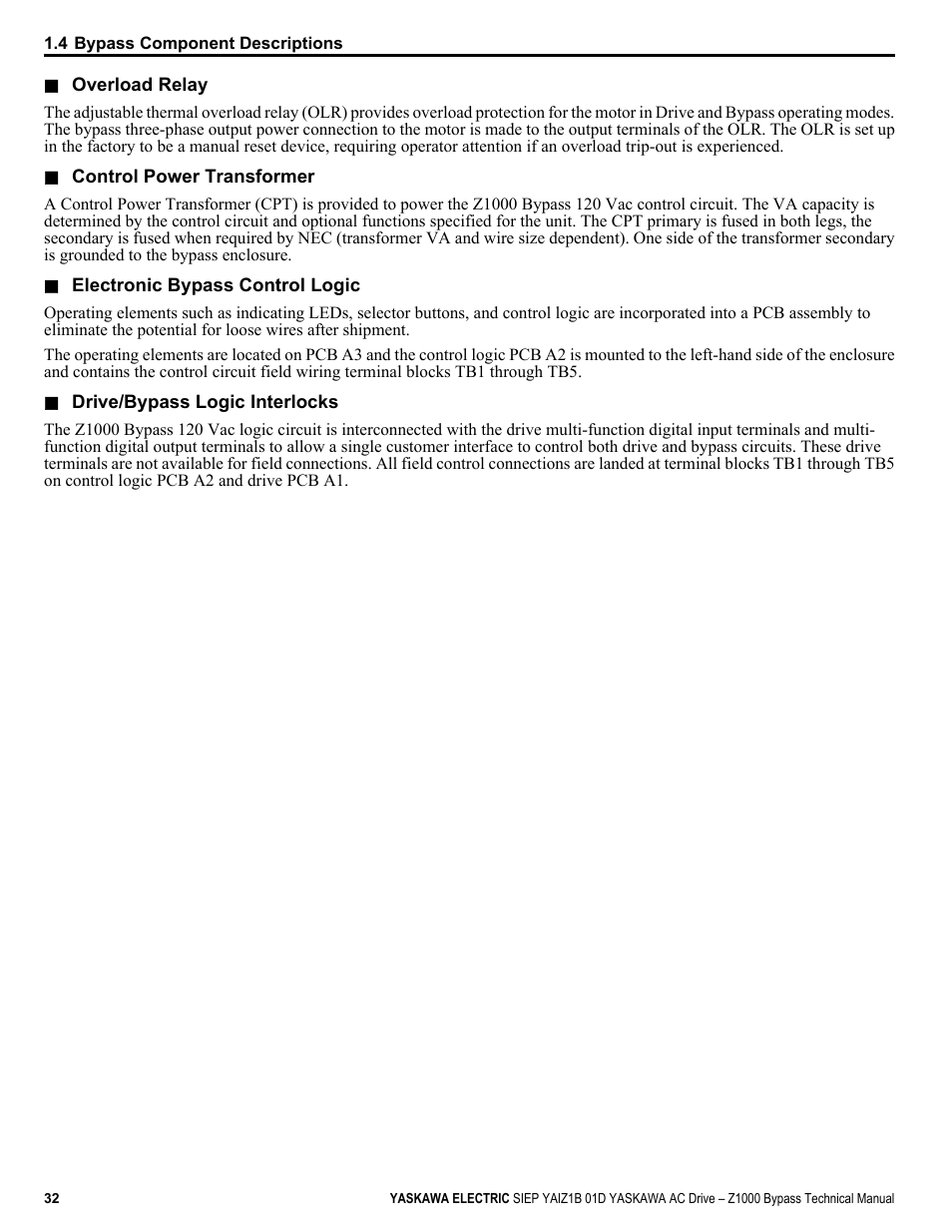 Yaskawa AC Drive Z1000 Bypass Technical Manual User Manual | Page 32 / 462
