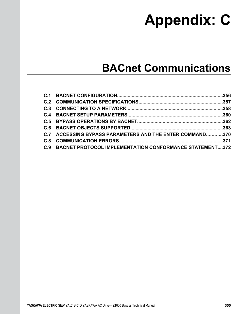 Bacnet communications, C. bacnet communications, Appendix: c | Yaskawa AC Drive Z1000 Bypass Technical Manual User Manual | Page 355 / 462