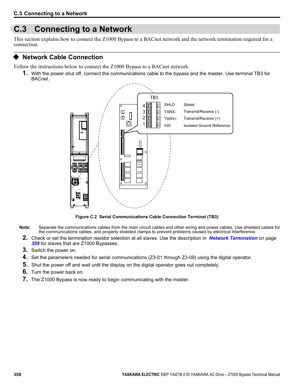 Connecting to a network, Network cable connection, C.3 connecting to a network | Yaskawa AC Drive Z1000 Bypass Technical Manual User Manual | Page 358 / 462