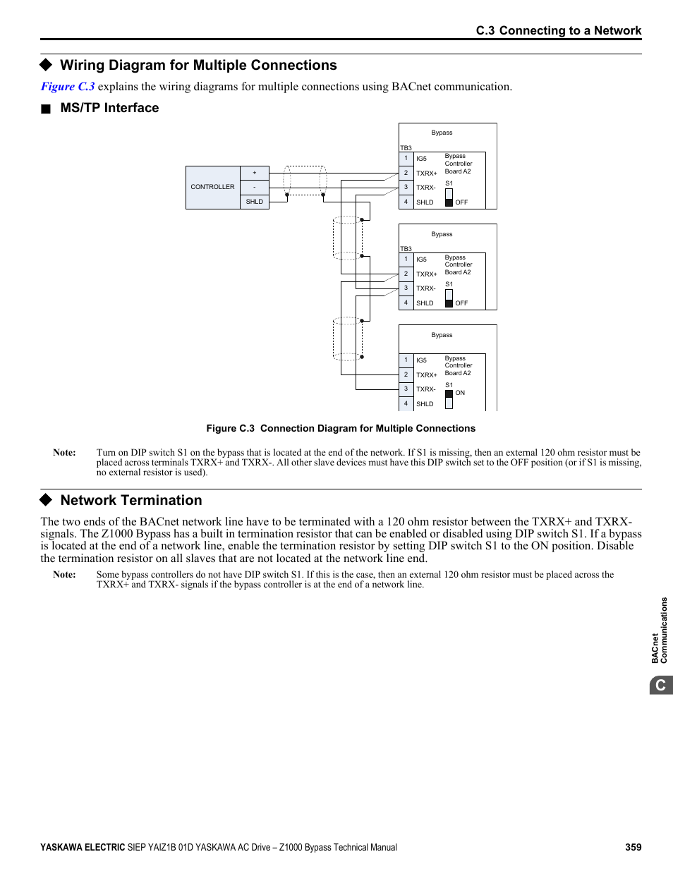 Wiring diagram for multiple connections, Network termination, Ms/tp interface | C.3 connecting to a network | Yaskawa AC Drive Z1000 Bypass Technical Manual User Manual | Page 359 / 462