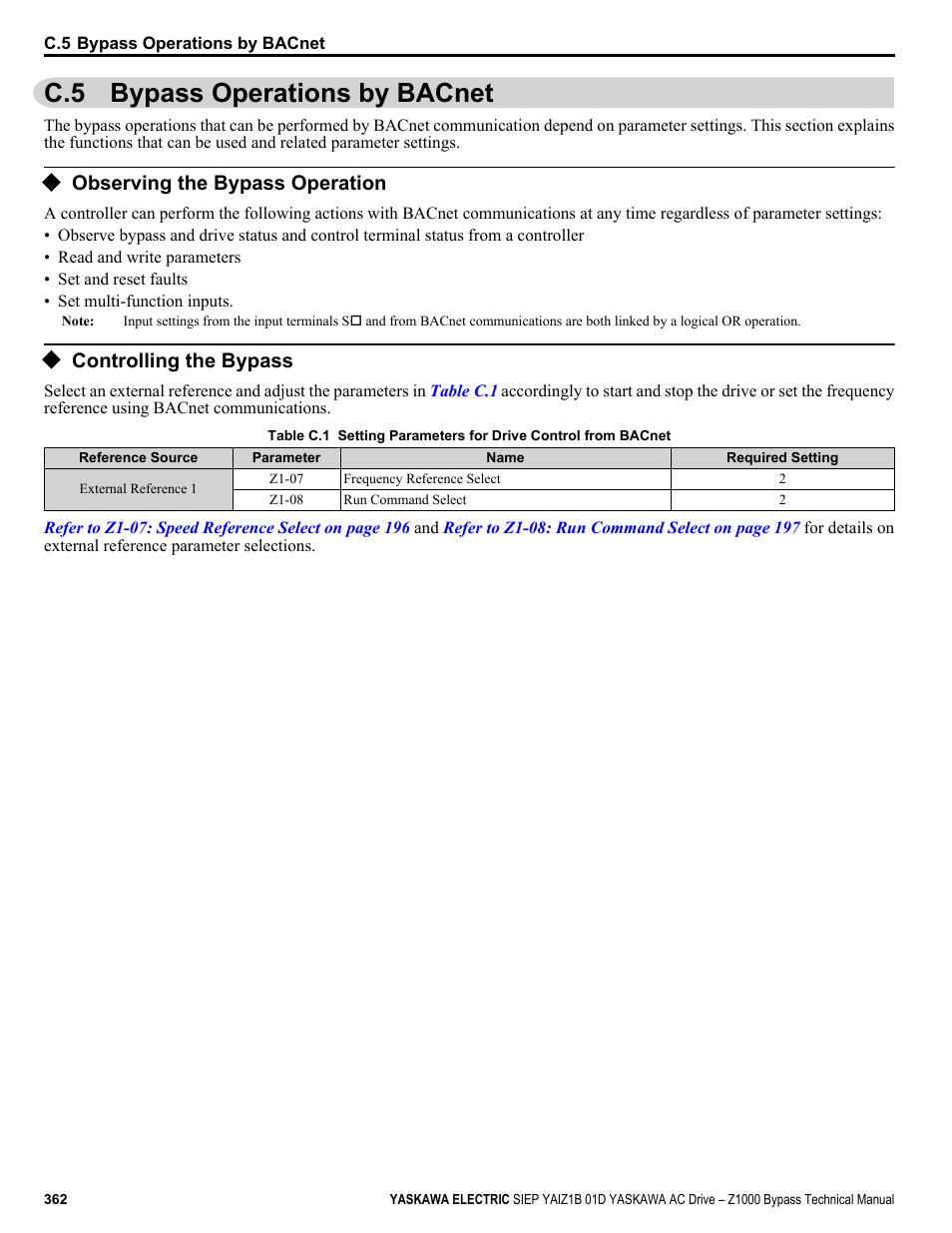 Bypass operations by bacnet, Observing the bypass operation, Controlling the bypass | C.5 bypass operations by bacnet | Yaskawa AC Drive Z1000 Bypass Technical Manual User Manual | Page 362 / 462
