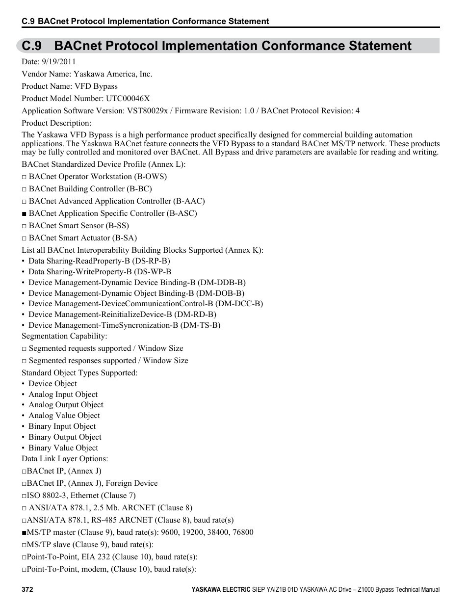 Yaskawa AC Drive Z1000 Bypass Technical Manual User Manual | Page 372 / 462