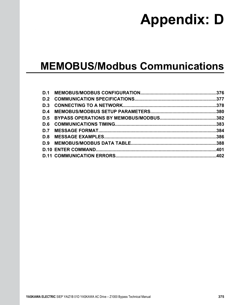 Memobus/modbus communications, D. memobus/modbus communications, Appendix: d | Yaskawa AC Drive Z1000 Bypass Technical Manual User Manual | Page 375 / 462