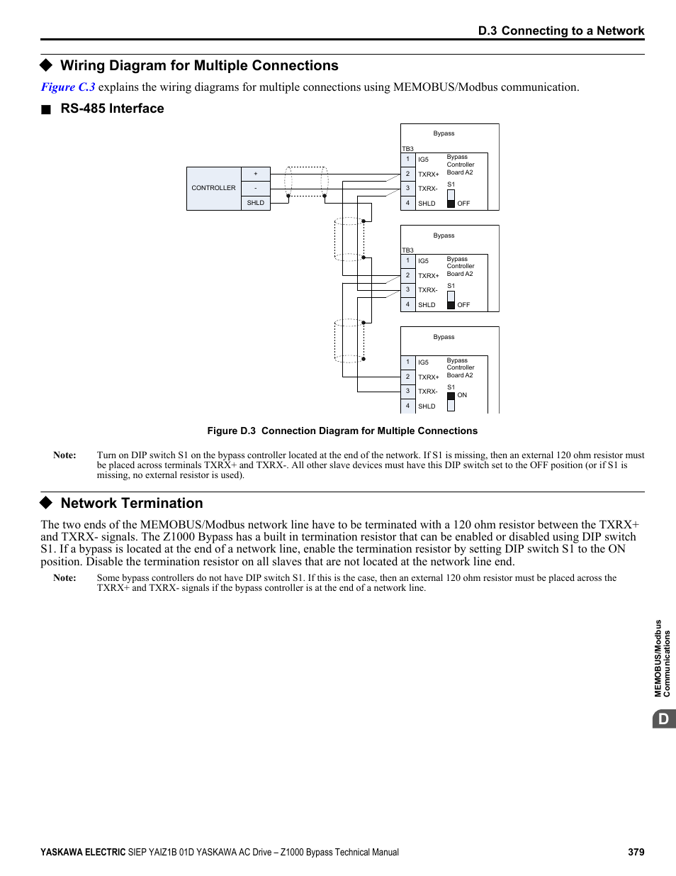 Wiring diagram for multiple connections, Network termination, Rs-485 interface | D.3 connecting to a network | Yaskawa AC Drive Z1000 Bypass Technical Manual User Manual | Page 379 / 462