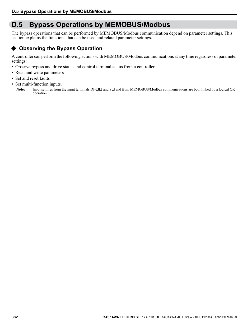 Bypass operations by memobus/modbus, Observing the bypass operation, D.5 bypass operations by memobus/modbus | Yaskawa AC Drive Z1000 Bypass Technical Manual User Manual | Page 382 / 462