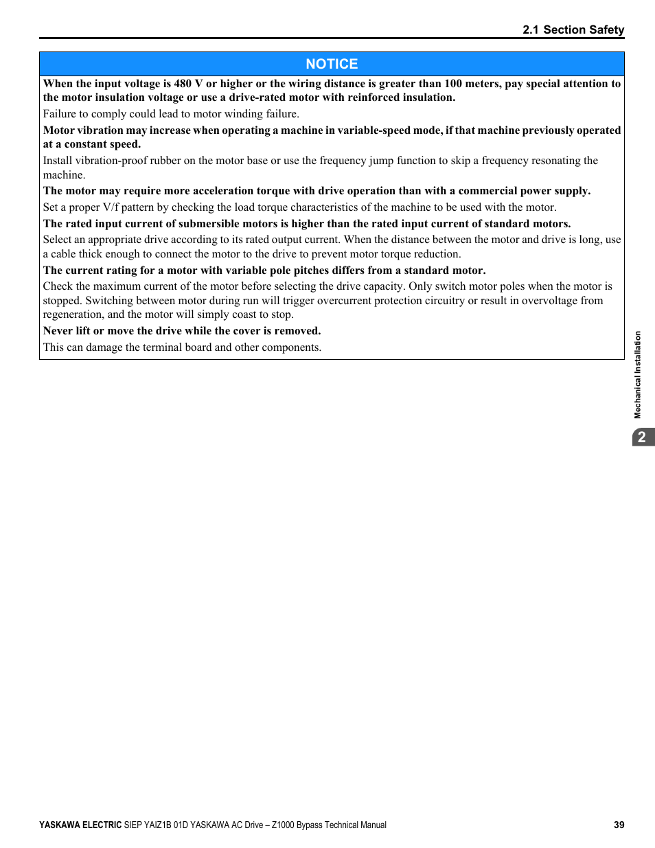 Notice | Yaskawa AC Drive Z1000 Bypass Technical Manual User Manual | Page 39 / 462