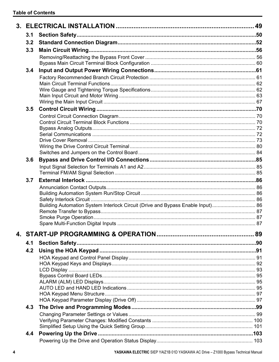Electrical installation, Start-up programming & operation | Yaskawa AC Drive Z1000 Bypass Technical Manual User Manual | Page 4 / 462