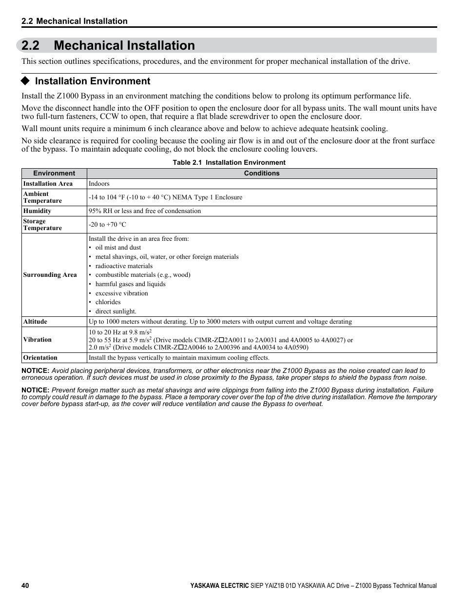 Mechanical installation, Installation environment, 2 mechanical installation | Yaskawa AC Drive Z1000 Bypass Technical Manual User Manual | Page 40 / 462