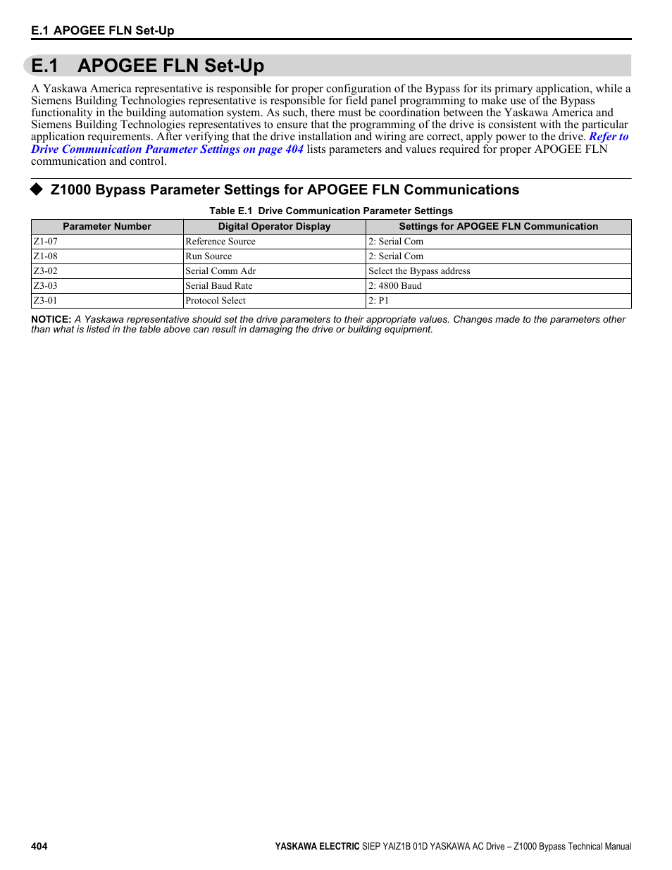 Apogee fln set-up, E.1 apogee fln set-up | Yaskawa AC Drive Z1000 Bypass Technical Manual User Manual | Page 404 / 462