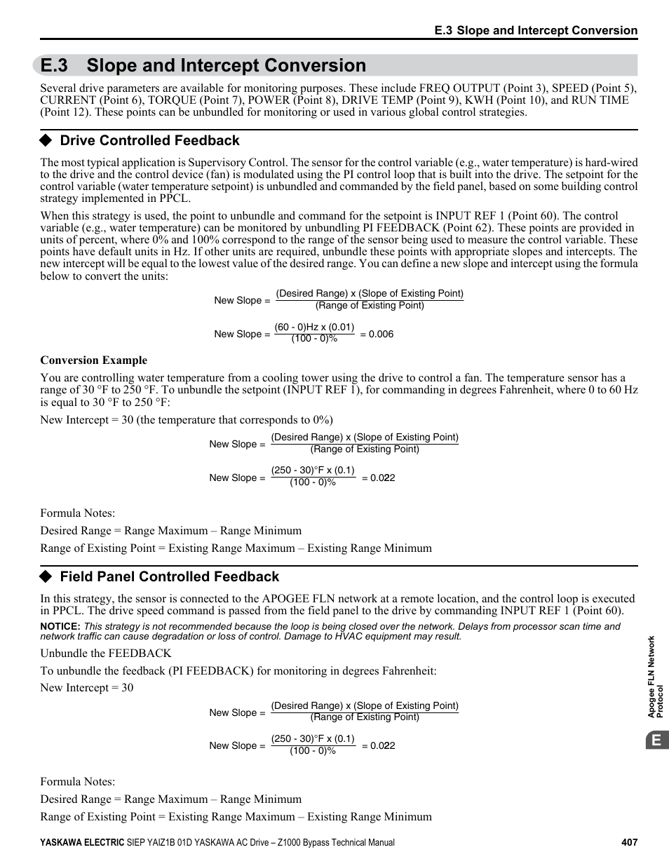 Slope and intercept conversion, Drive controlled feedback, Field panel controlled feedback | E.3 slope and intercept conversion | Yaskawa AC Drive Z1000 Bypass Technical Manual User Manual | Page 407 / 462