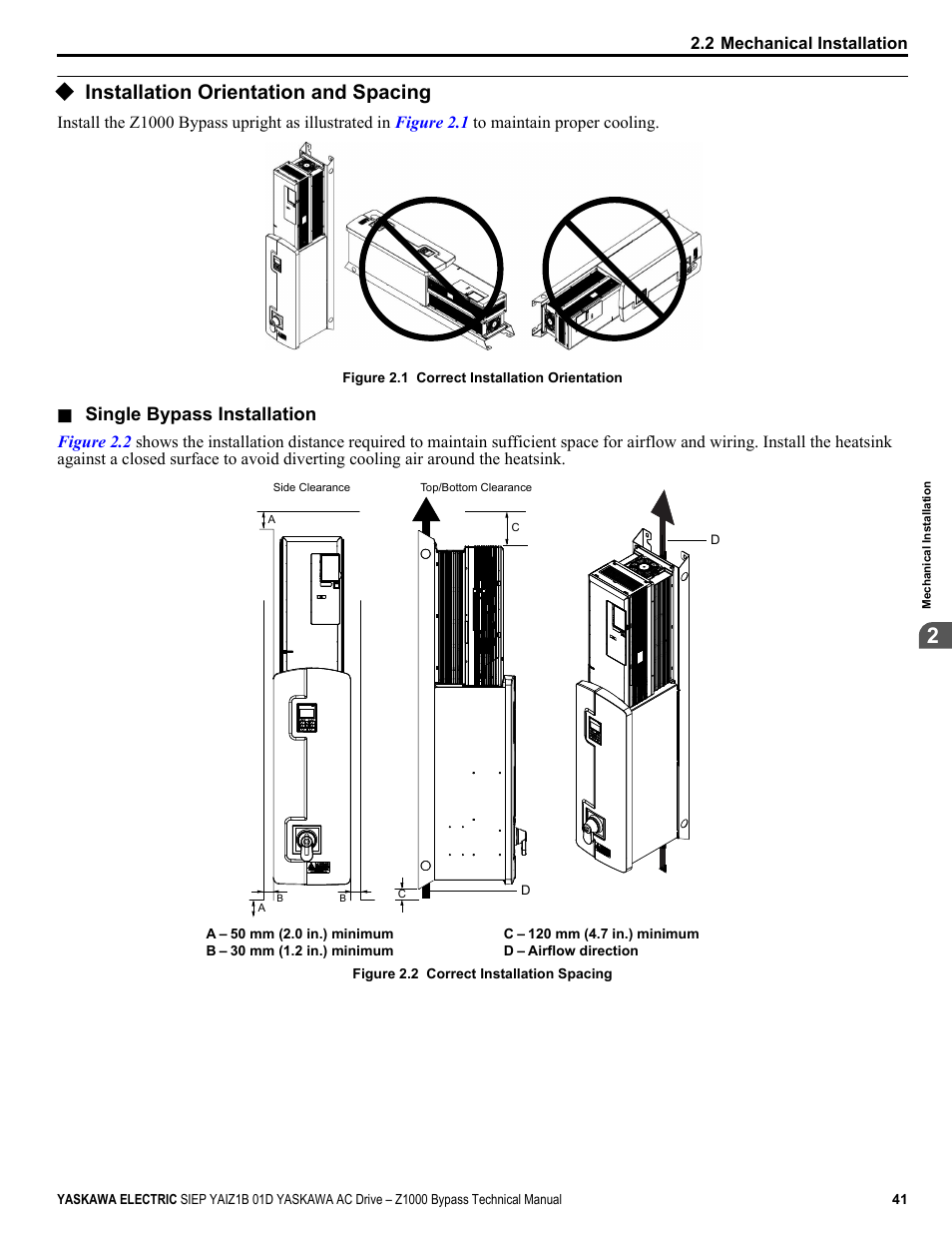 Installation orientation and spacing | Yaskawa AC Drive Z1000 Bypass Technical Manual User Manual | Page 41 / 462