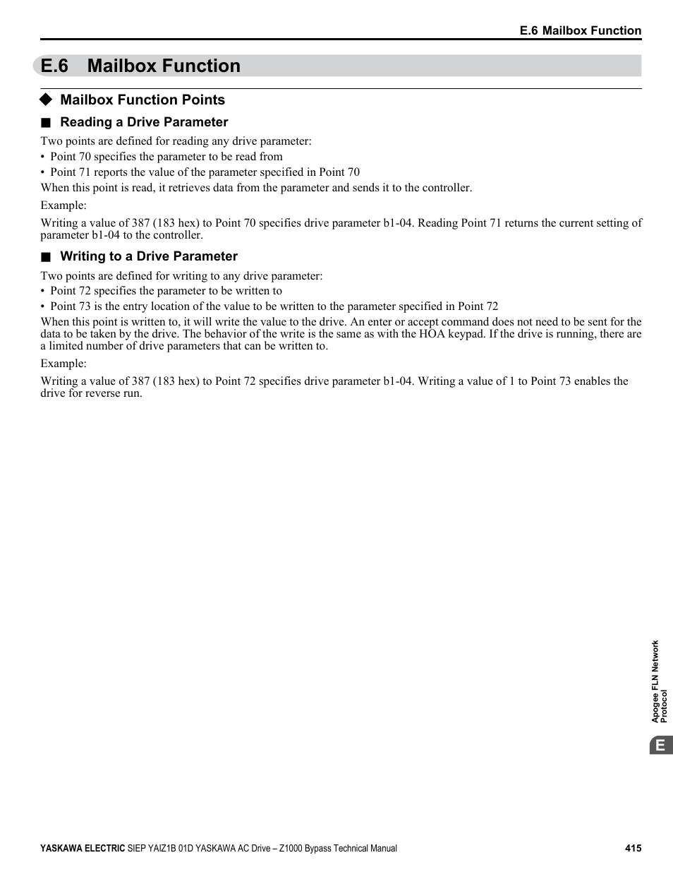 Mailbox function, Mailbox function points, E.6 mailbox function | Yaskawa AC Drive Z1000 Bypass Technical Manual User Manual | Page 415 / 462