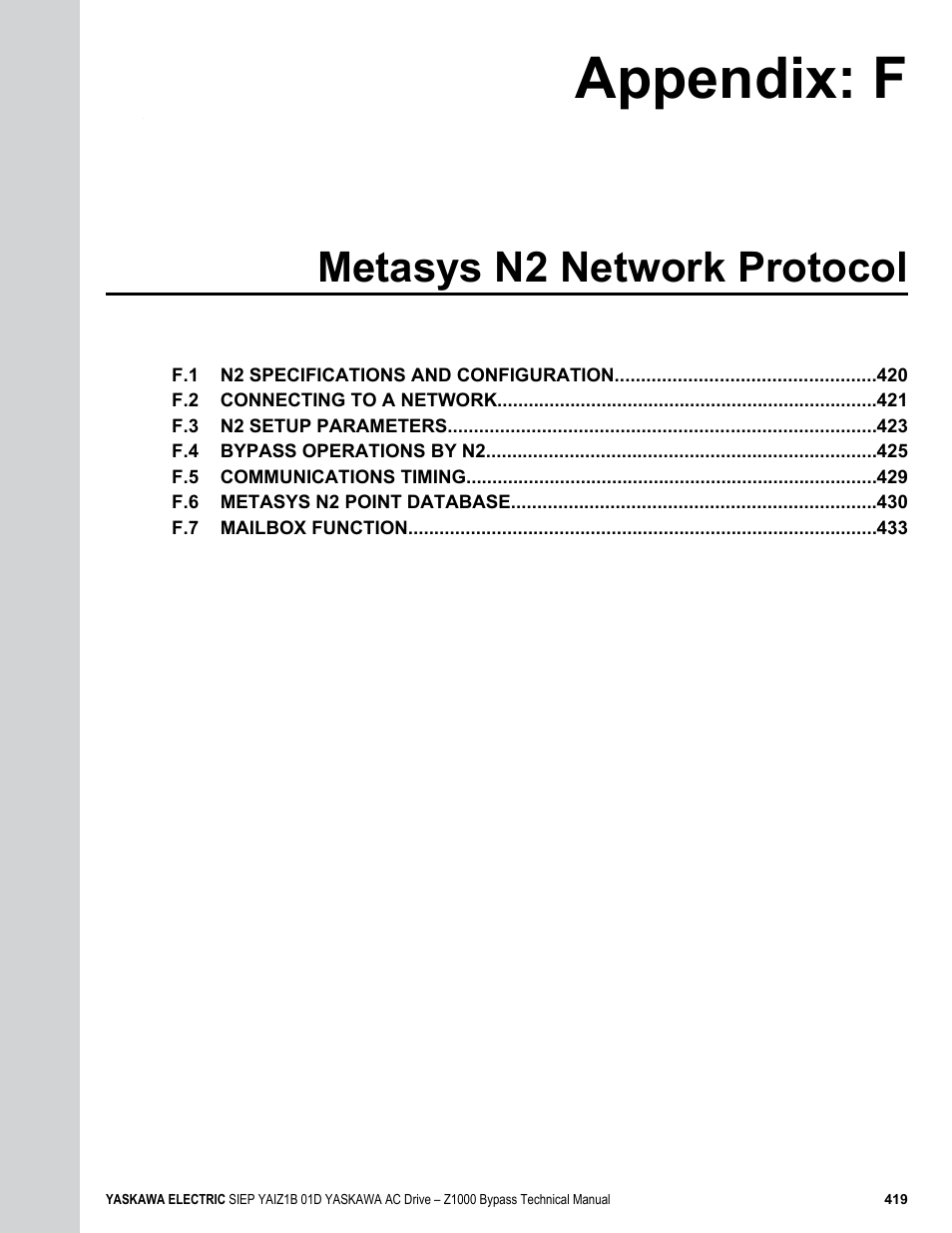 Metasys n2 network protocol, F. metasys n2 network protocol, Appendix: f | Yaskawa AC Drive Z1000 Bypass Technical Manual User Manual | Page 419 / 462
