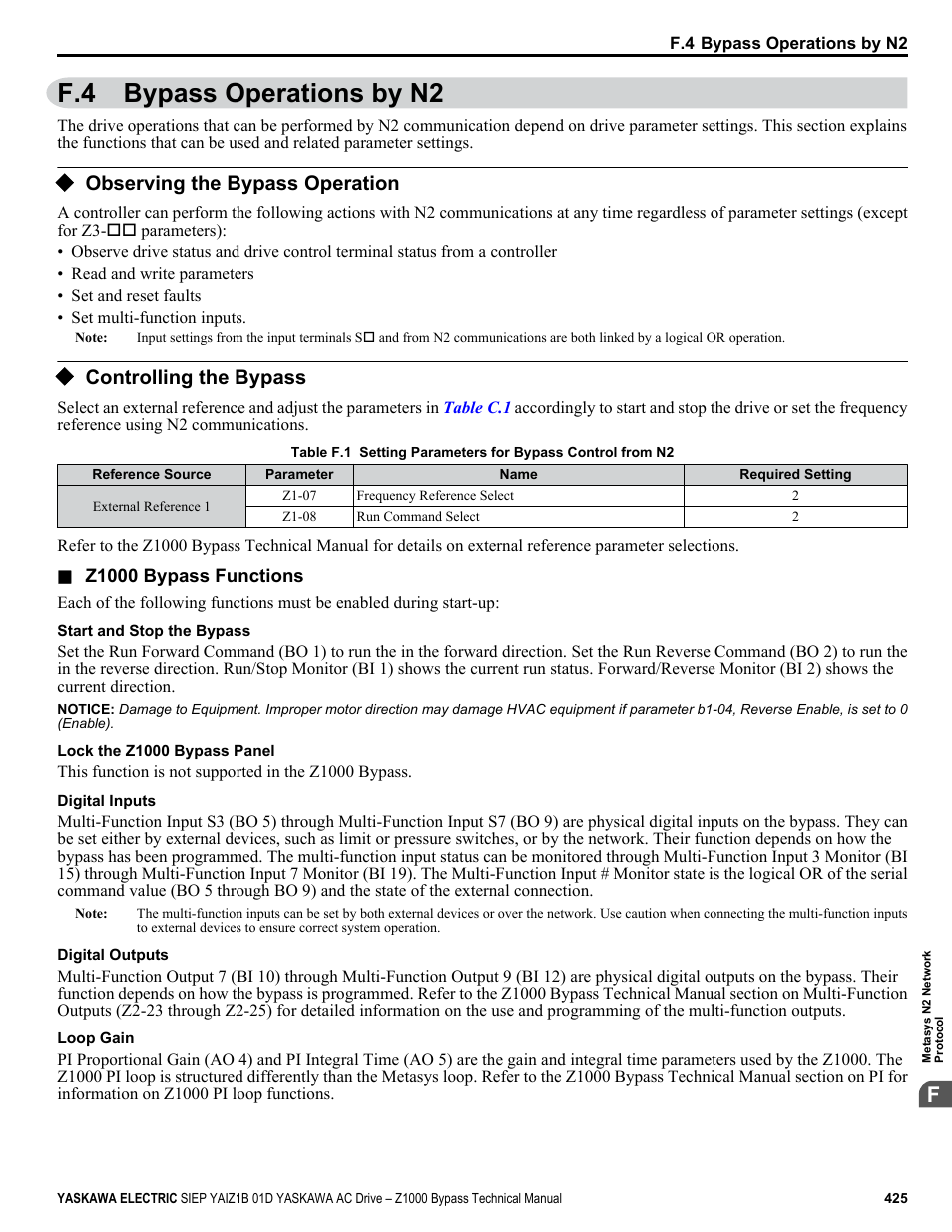 Bypass operations by n2, Observing the bypass operation, Controlling the bypass | F.4 bypass operations by n2 | Yaskawa AC Drive Z1000 Bypass Technical Manual User Manual | Page 425 / 462