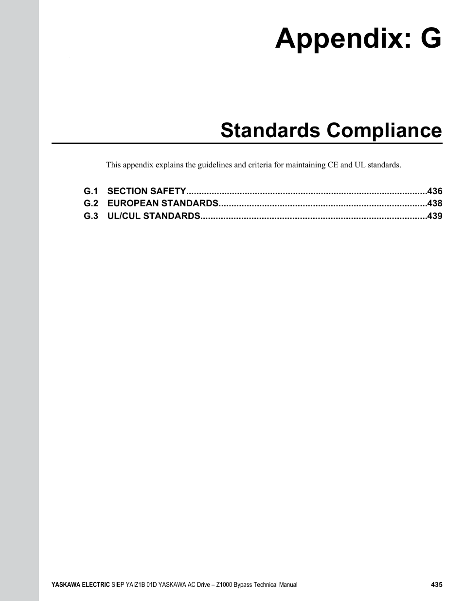 Standards compliance, G. standards compliance, Appendix: g | Yaskawa AC Drive Z1000 Bypass Technical Manual User Manual | Page 435 / 462