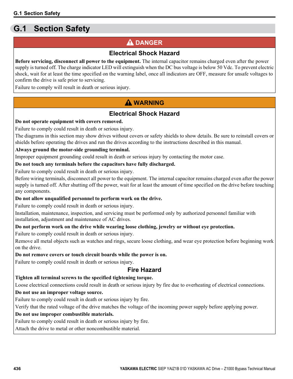 Section safety, G.1 section safety | Yaskawa AC Drive Z1000 Bypass Technical Manual User Manual | Page 436 / 462