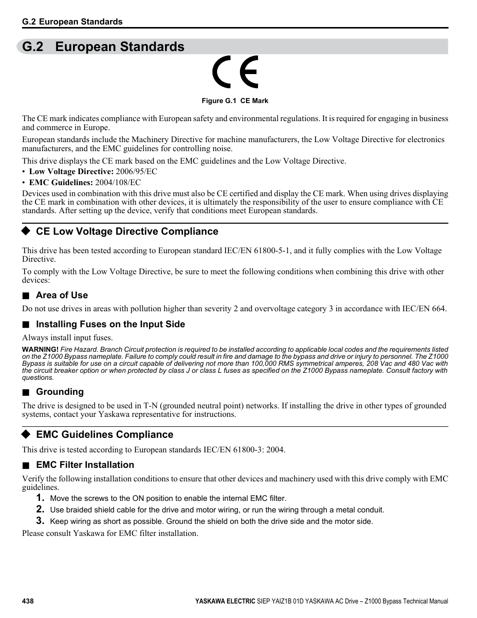 European standards, Ce low voltage directive compliance, Emc guidelines compliance | G.2 european standards | Yaskawa AC Drive Z1000 Bypass Technical Manual User Manual | Page 438 / 462