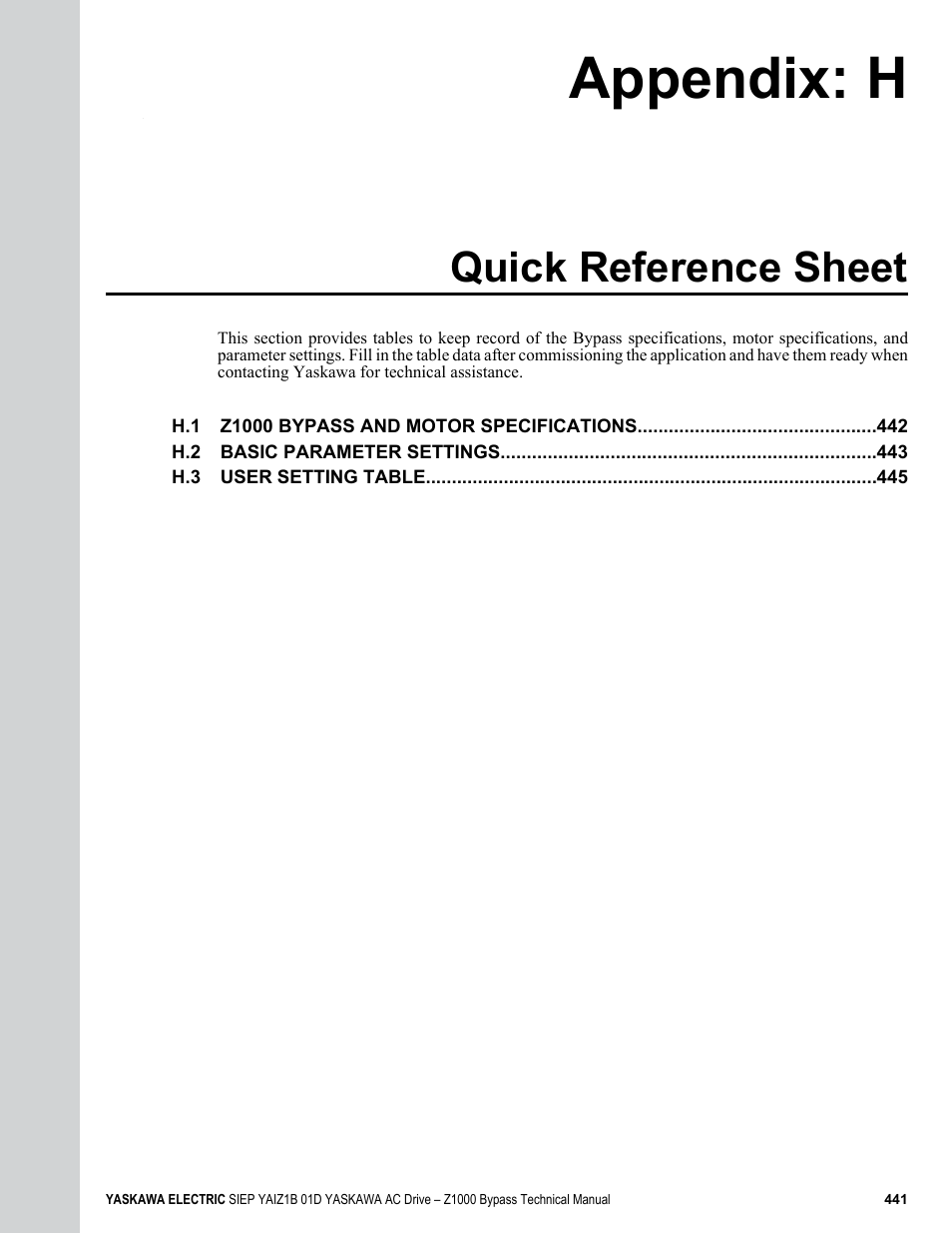 Quick reference sheet, H. quick reference sheet, Appendix: h | Yaskawa AC Drive Z1000 Bypass Technical Manual User Manual | Page 441 / 462