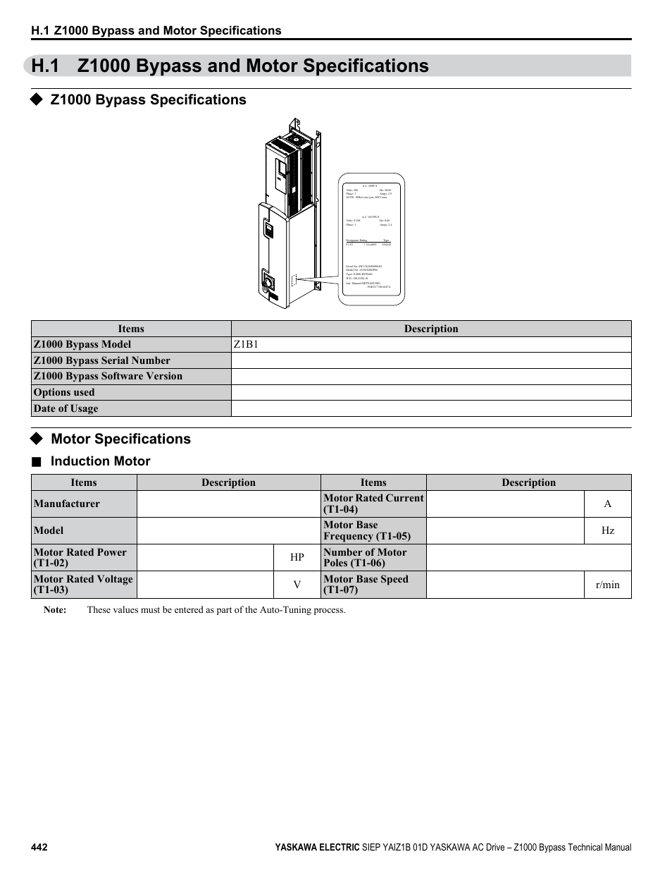 Z1000 bypass and motor specifications, Z1000 bypass specifications, Motor specifications | H.1 z1000 bypass and motor specifications, Induction motor | Yaskawa AC Drive Z1000 Bypass Technical Manual User Manual | Page 442 / 462