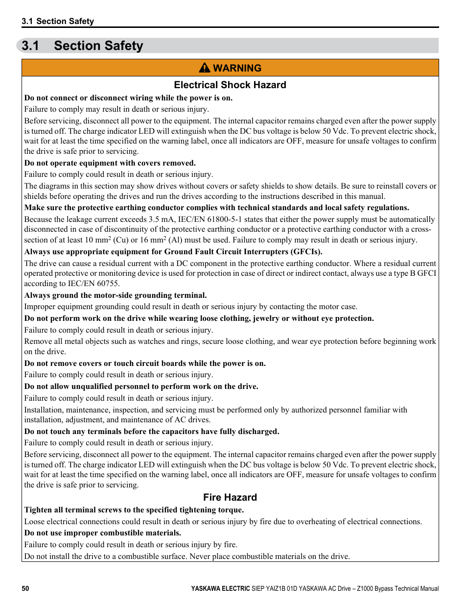 Section safety, 1 section safety | Yaskawa AC Drive Z1000 Bypass Technical Manual User Manual | Page 50 / 462