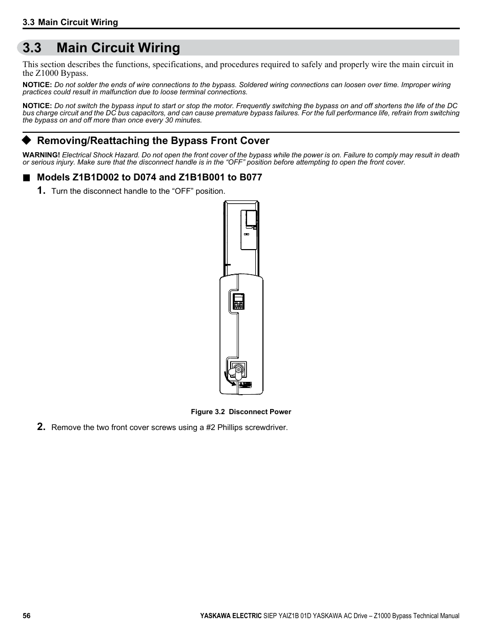 Main circuit wiring, Removing/reattaching the bypass front cover, 3 main circuit wiring | Yaskawa AC Drive Z1000 Bypass Technical Manual User Manual | Page 56 / 462